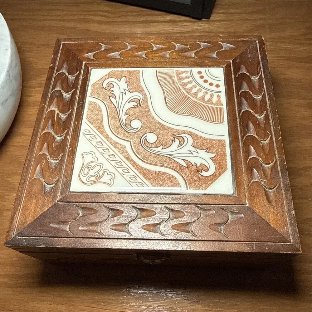 Vintage Carved Wood Tile Top Box Boho Jewelry Keepsake Rustic Decor 7x7x3.25